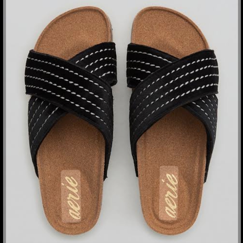 Aerie Velvet Criss Cross‎ Sandals Black Cork Heals. NWOB. Size 7